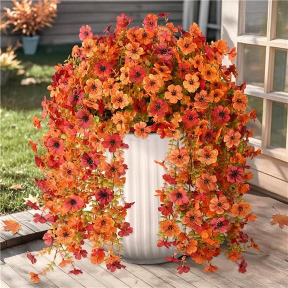 Artificial Fall Fake Flowers for Outdoor, 2 Pcs Faux Hanging Flowers Outdoor